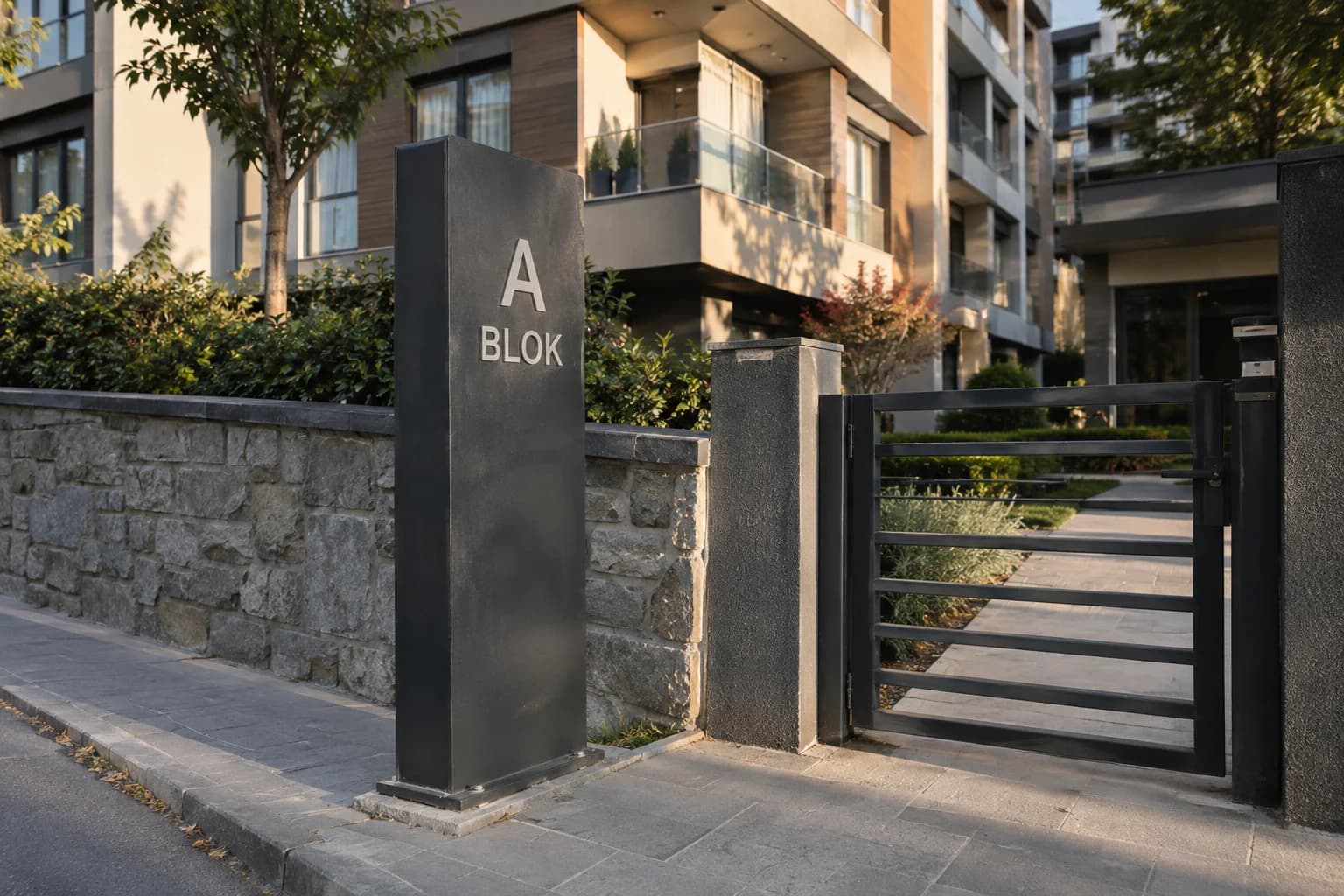 Apartman girişinde A Blok yazılı metal totem ve yaya giriş kapısı