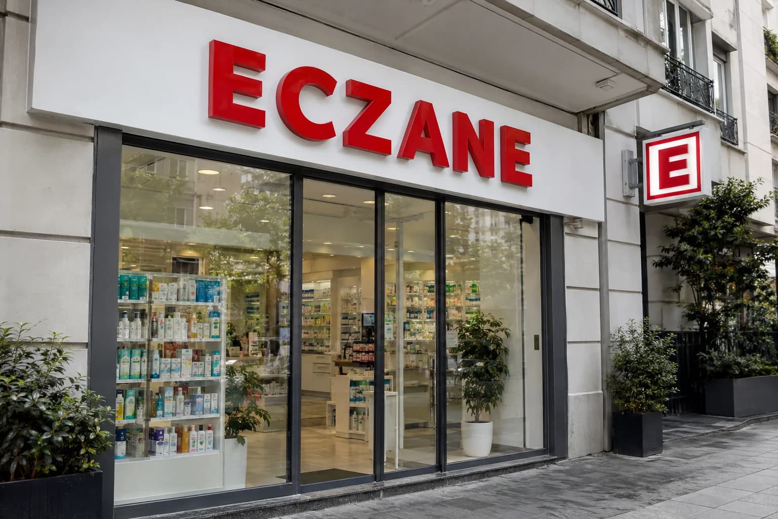 Eczane cephesinde kırmızı kutu harf tabela ve dışa uzanan E levhası