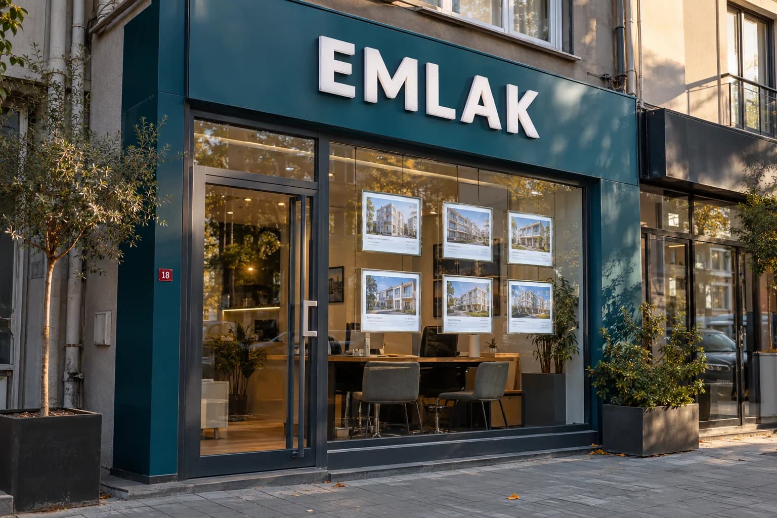 Emlak ofisinde turkuaz zeminli kutu harf tabela ve ışıklı vitrin ilan çerçeveleri