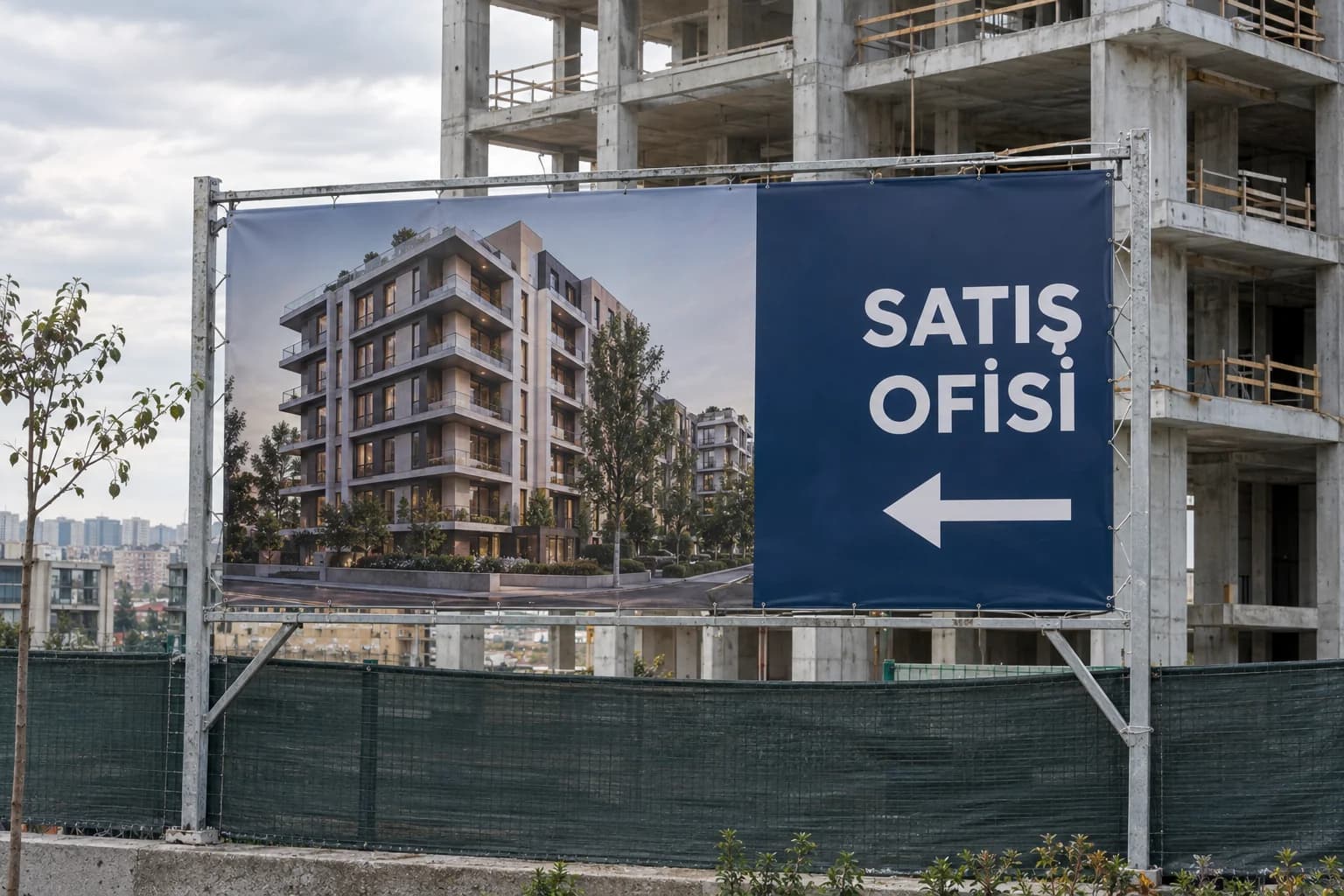 Şantiye önünde metal taşıyıcı üzerindeki proje görselli satış ofisi tabelası