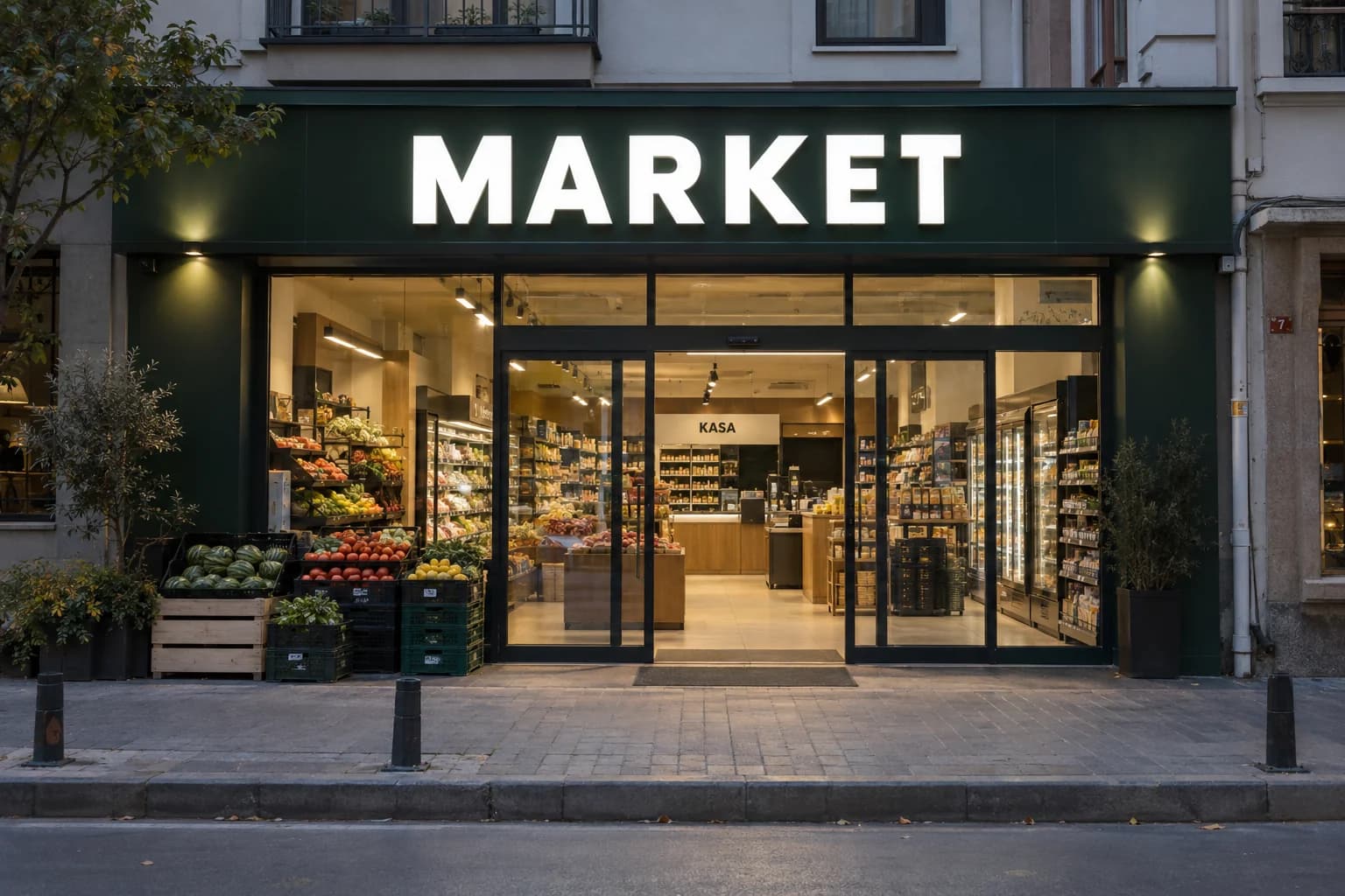 Market girişinde yeşil zemin üzerinde ışıklı beyaz kutu harf tabela