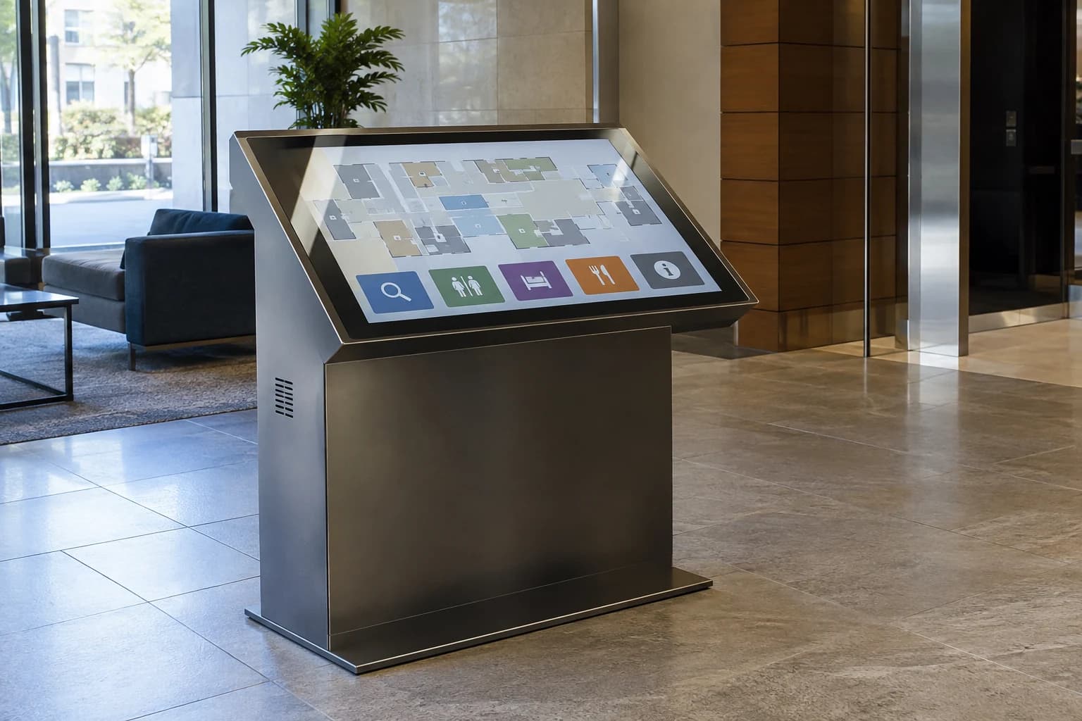 Eğimli dokunmatik ekranlı, metal gövdeli bilgilendirme kiosku