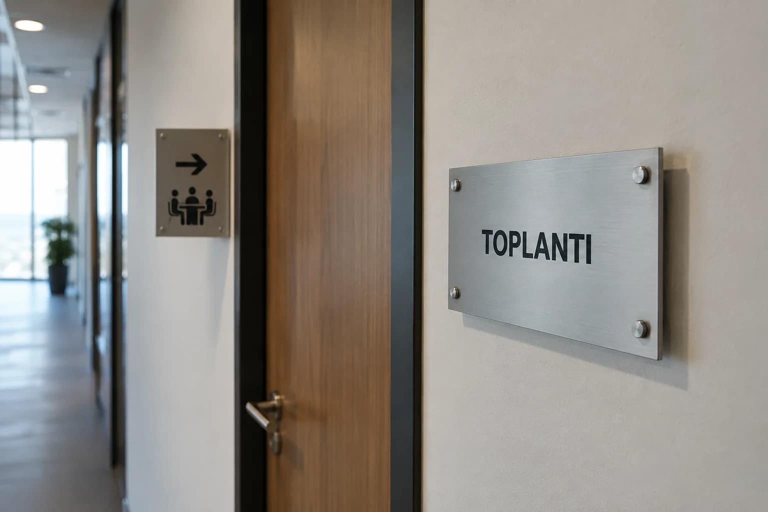 Ofis kapısında metal isimlik ve koridorda yönlendirme levhası