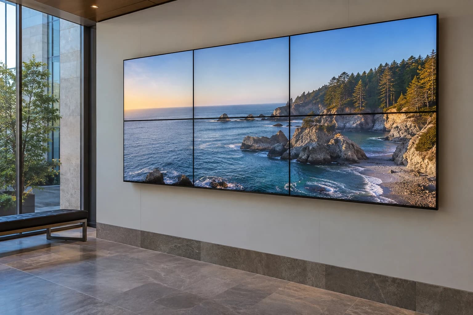 Altı LCD ekranın tek görüntü oluşturduğu ince çerçeveli video wall
