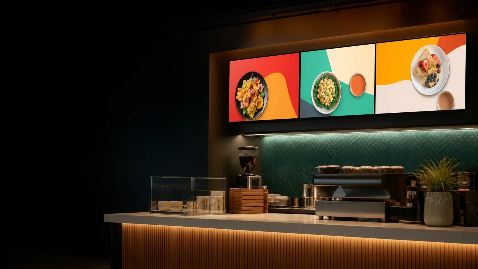 Kafe tezgahı üzerinde dijital menü board ekranları